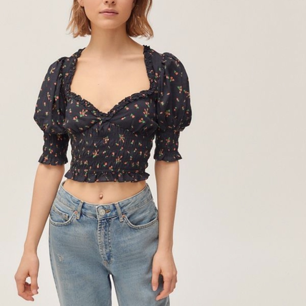 Urban Outfitters Black Floral Rose Print Puff Sleeve Smocked Blouse Top - Picture 8 of 11